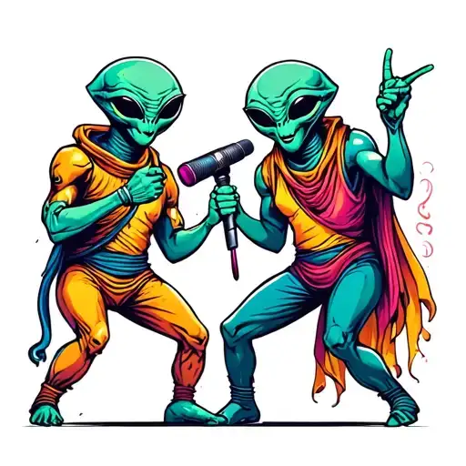 Two Aliens Dancing With Microphones In Hands Pointing