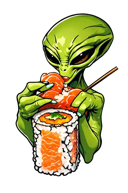Green Alien Eating Sushi Roll