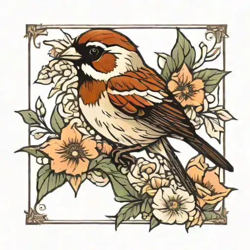 Sparrow And Flowers Framed