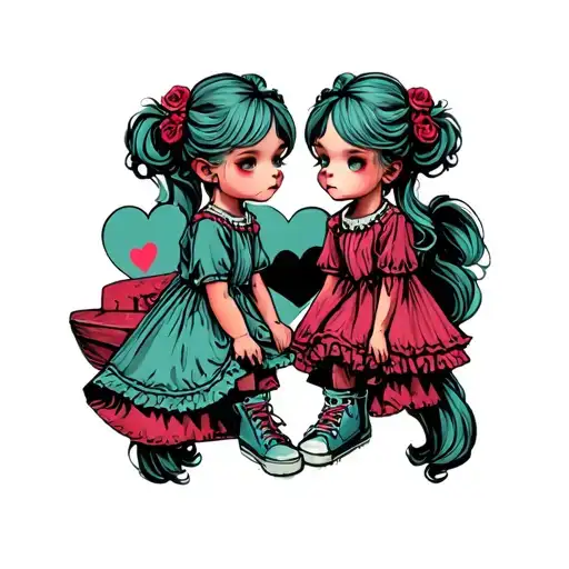 One Little Girl In Dress And Hightop Shoes With Pigtail With Hearts Around Her And Looking Dreamy