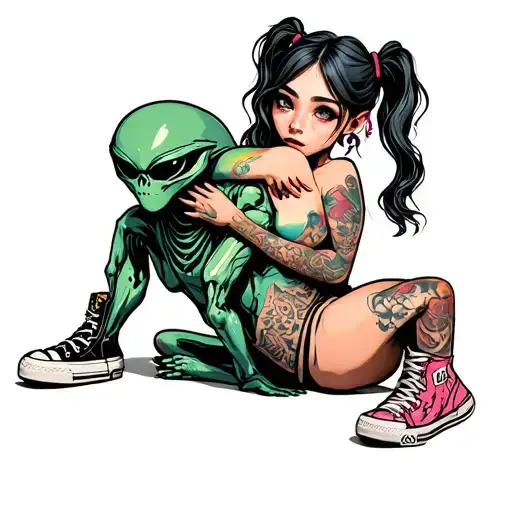 One Girl With Pigtails And Hightop Shoes Hugging An Alien