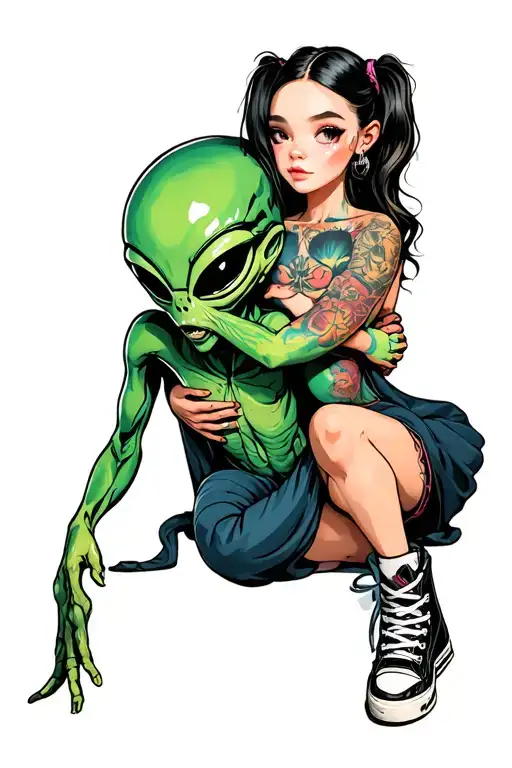One Girl With Pigtails And Hightop Shoes Hugging An Alien