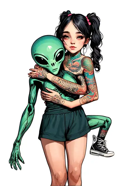 One Girl With Pigtails And Hightop Shoes Hugging An Alien