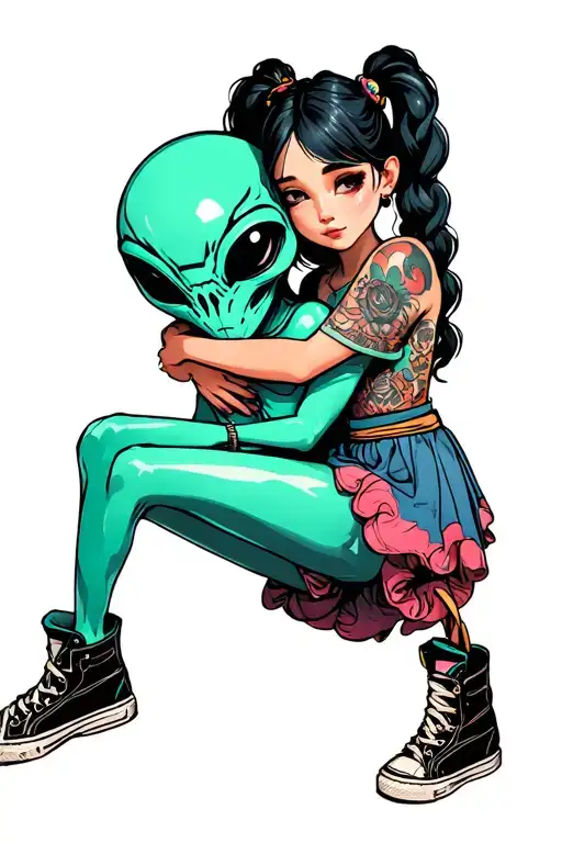 One Girl With Pigtails And Hightop Shoes Hugging An Alien