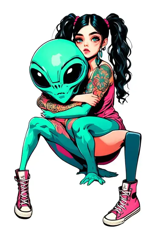 One Girl With Pigtails And Hightop Shoes Hugging An Alien