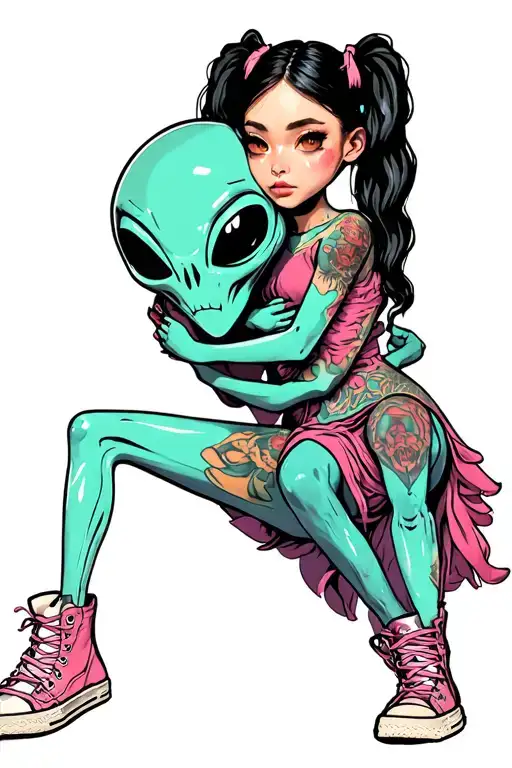 One Girl With Pigtails And Hightop Shoes Hugging An Alien