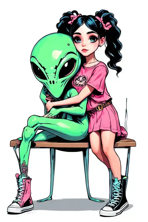 One Girl With Pigtails And Hightop Shoes Hugging An Alien
