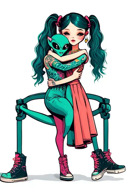 One Girl With Pigtails And Hightop Shoes Hugging An Alien