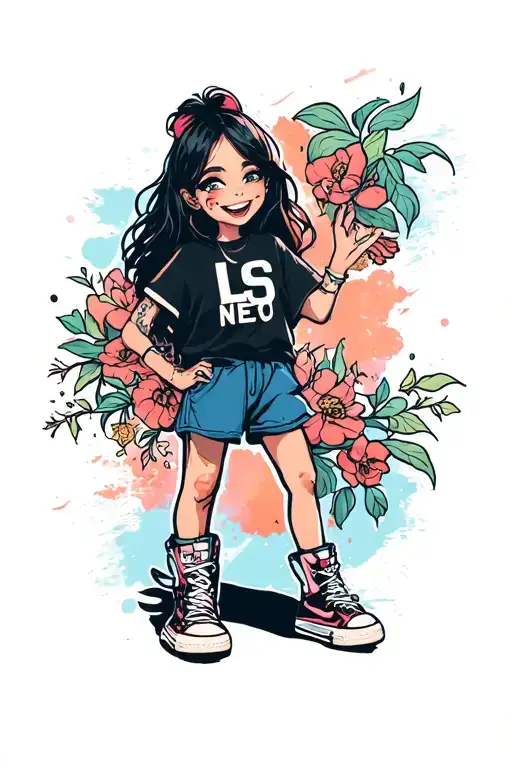 One Standing Silly Drooling Smiling Girl In Hightops And A T Shirt That Says Ls