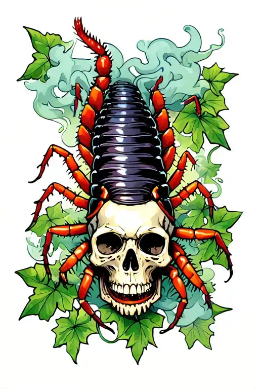 Centipede And Skull Surrounded By Ivy Leaves And Smoke
