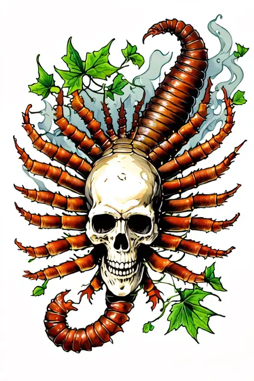 Centipede And Skull Surrounded By Ivy Leaves And Smoke