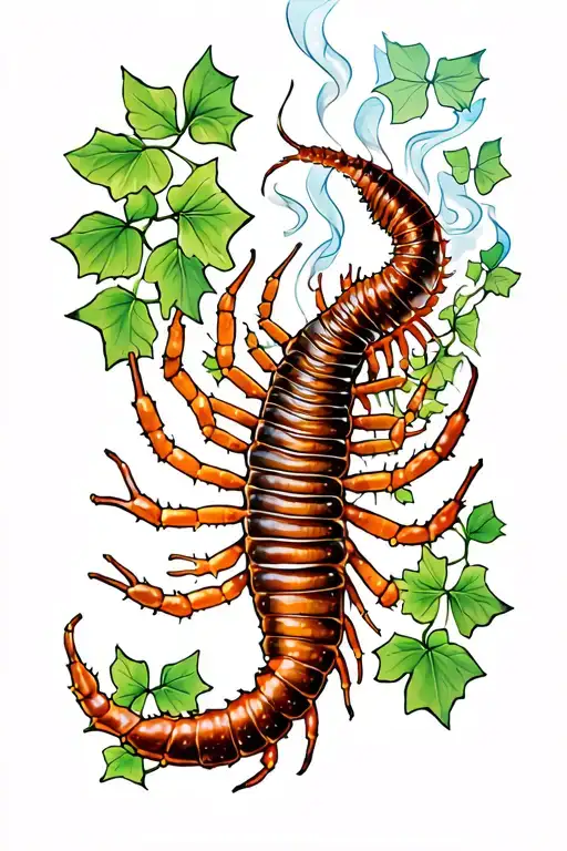 Centipede Surrounded By Ivy Leaves And Smoke
