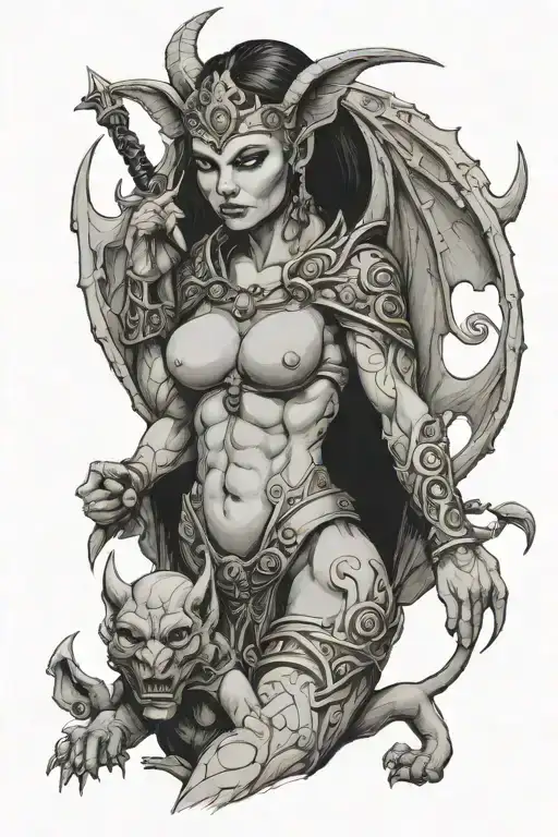 Female Gargoyle Warrior With Her Toddler