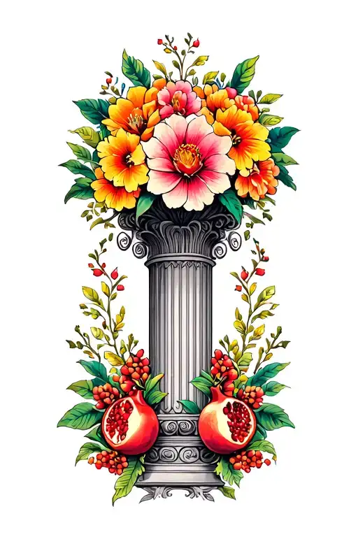 Column Pillar Topped With Huge Flowers And Pomegranate
