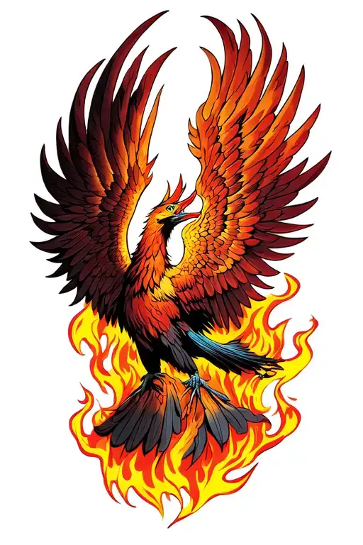 Phoenix Rising From Flames Tattoo Wings Continue On To Chest