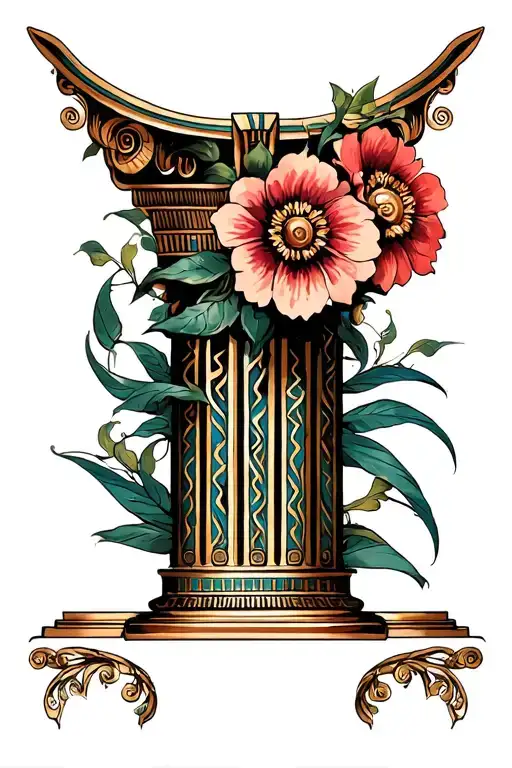 Art Nouveau Egyptian Column Pillar Topped With Big Flowers