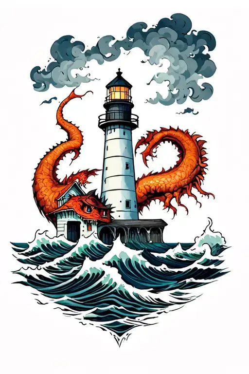 Lighthouse With Stormy Seas Sea Monster