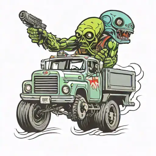 A Neotraditional Tattoo Of A Semitruck Driver Battling Aliens From A Video Game