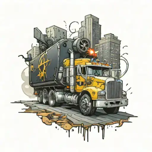 A Neotraditional Tattoo Of A Warhammer 40K Inspired Semi Truck Battling A Cyberpunk Cityscape