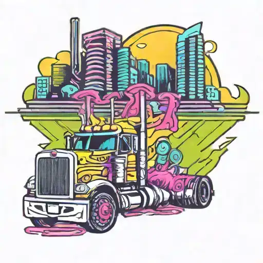 A Neotraditional Tattoo Of A Synthwave Inspired Semi Truck Racing Through A Futuristic Neon City