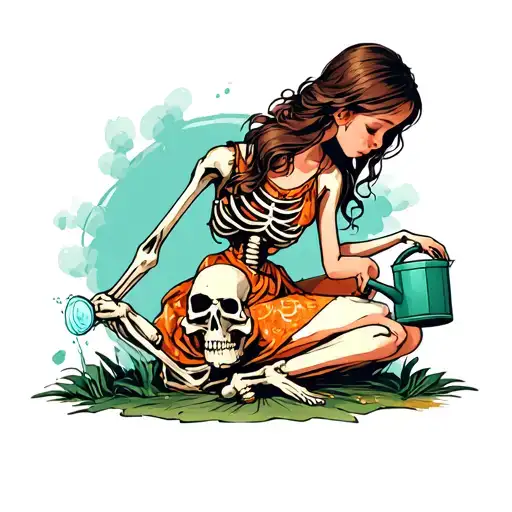 Young Brown Hair Girl In A Sundress Using A Watering Can To Water The Back Of A Skeleton Sitting On