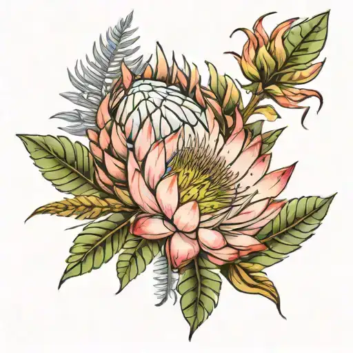 King Protea Flower With Silver Fern Growing