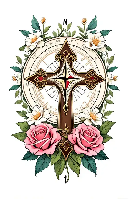 Cross With Compass Heart Roses Jasmine Flowers Surrounding