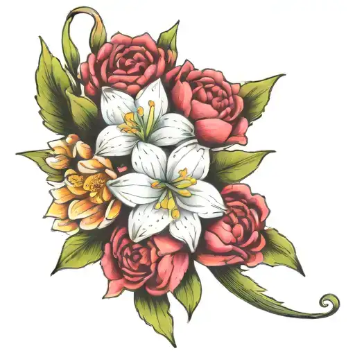 A Flower Bouquet With A Snowdrop Flower And A Daffodil And A Peony With A Bow Around The Stems