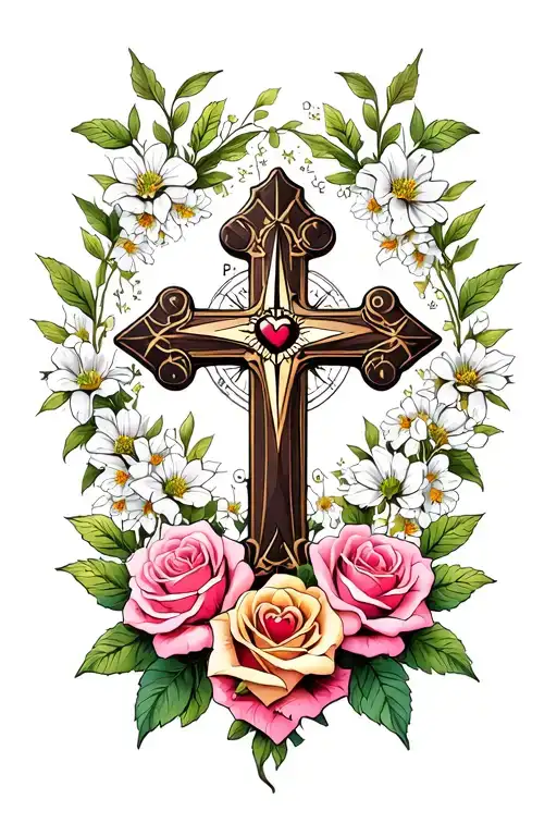 Cross With Compass Heart Roses Jasmine Flowers Surrounding