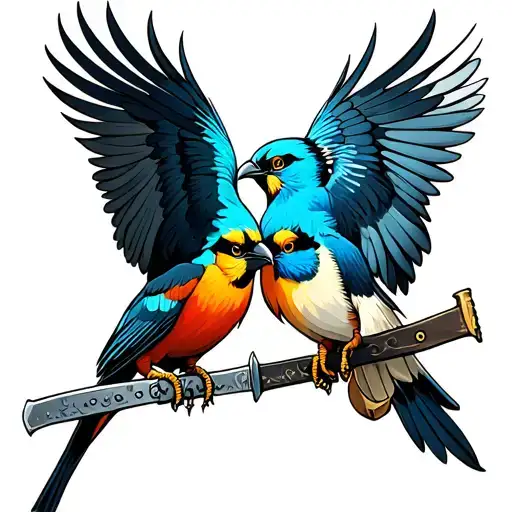Two Birds Fighting In Neo Traditional While Holding Weapons
