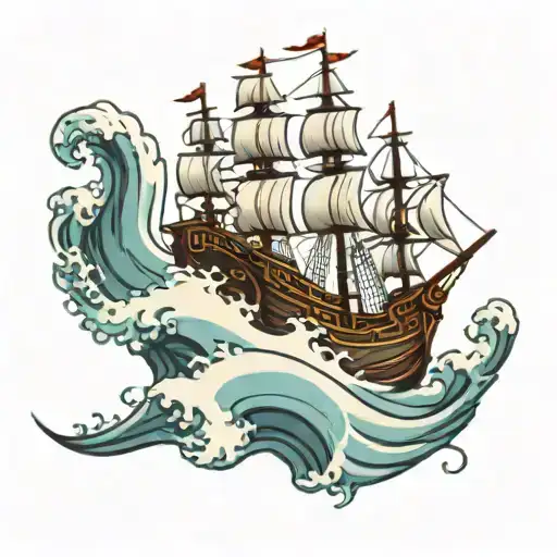 A Pirate Ship Front View Cresting A Wave
