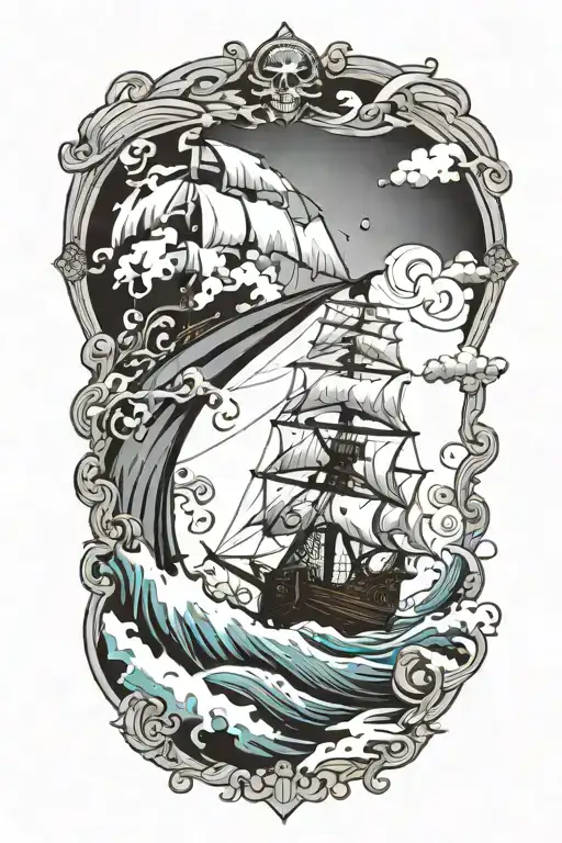 A Pirate Ship Front View Cresting A Wave