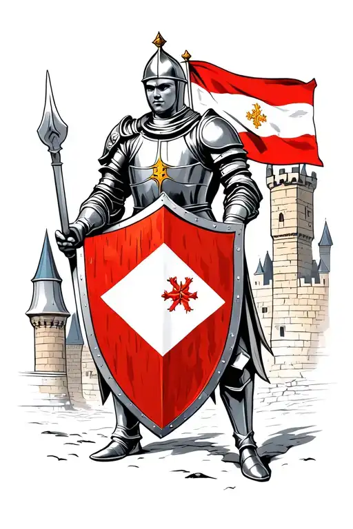 Polish Tutonic Knight Holding A Shield With Polish Flag With A Castle In Background