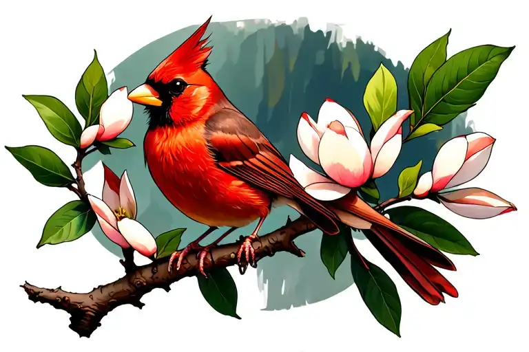 Cardinal Sitting On A Magnolia Branch