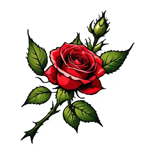 Single Rose With Stem And Thorns And Leaves