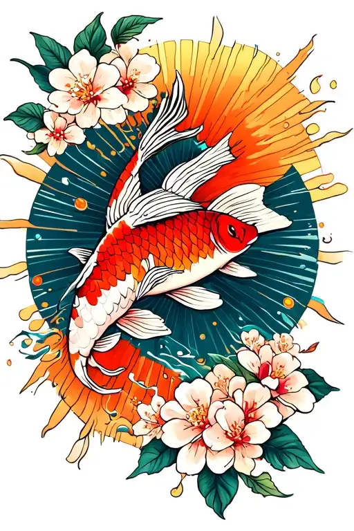 Big Sun Rays With Cherry Blossoms And Flowers And More The One Koi Fish