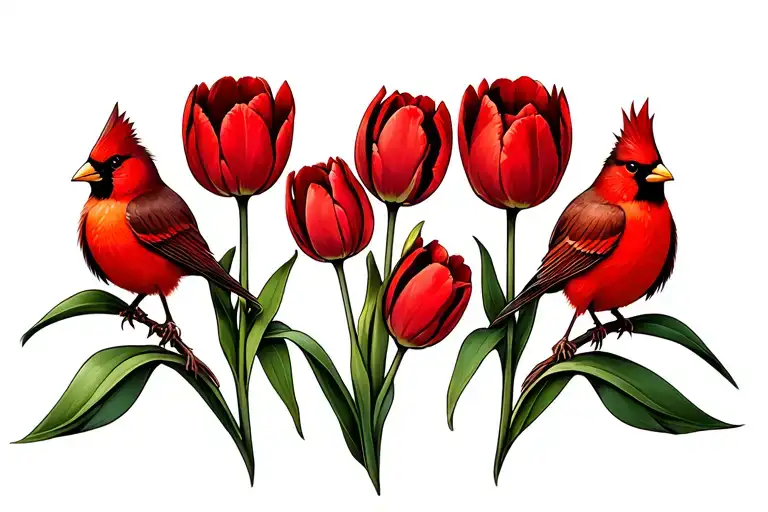 6 Red Tulips With Two Small Cardinals