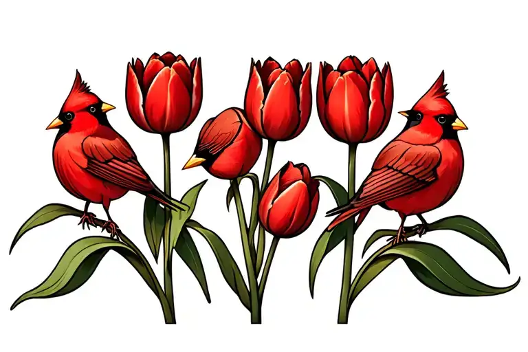 6 Red Tulips With Two Small Cardinals