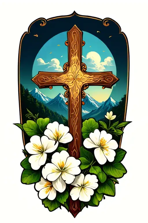 Cross With Clover And Gardenias With Background Of The Mountains