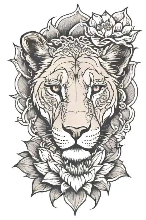 Lioness Head On Lotus Flower