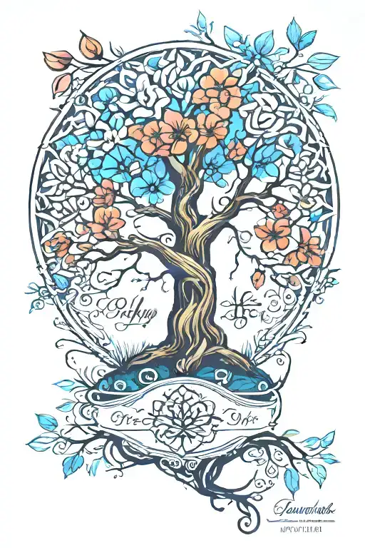 Tree Of Life With In A Forest With Birth Month Flowers From Arm