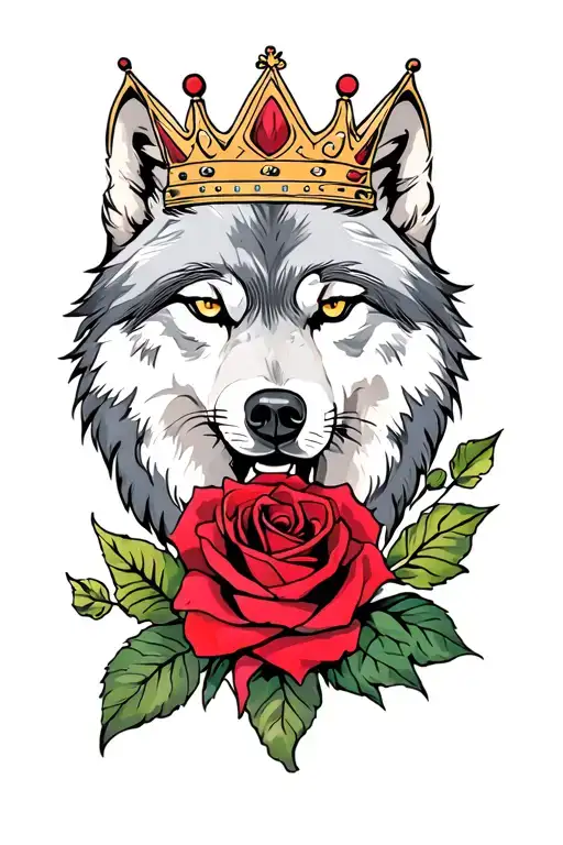 Alpha Wolf With A Crown And A Rose Intertwined
