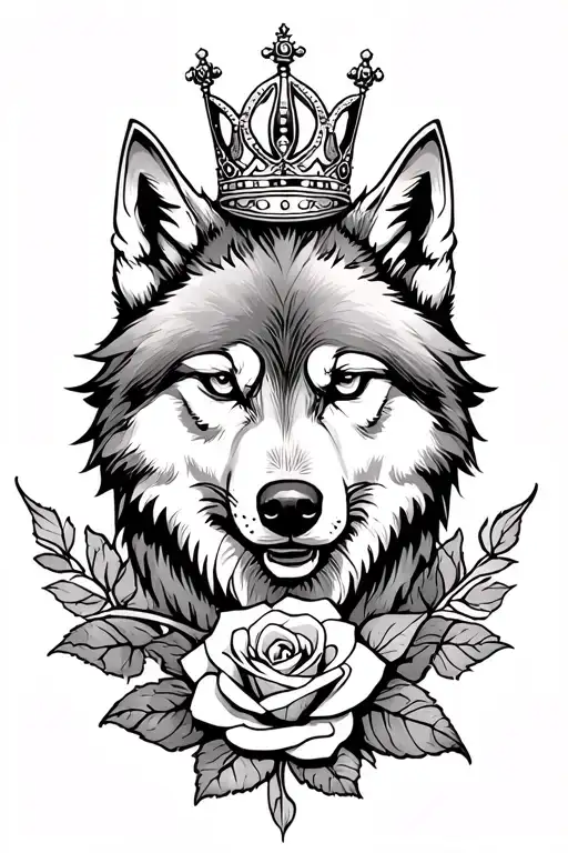Alpha Wolf With A Crown And A Rose Intertwined Within