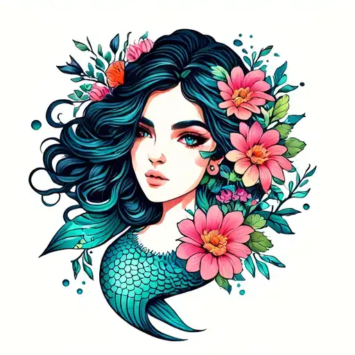 Woman Face Siren Mermaid An Flowers