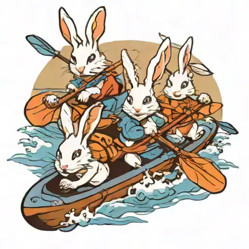 Three White Rabbits With Blue Eyes Kayaking Simple