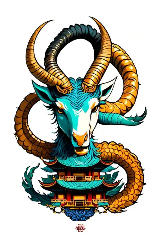 Capricorn Zodiac Sign And Chinese Temple Surrounded