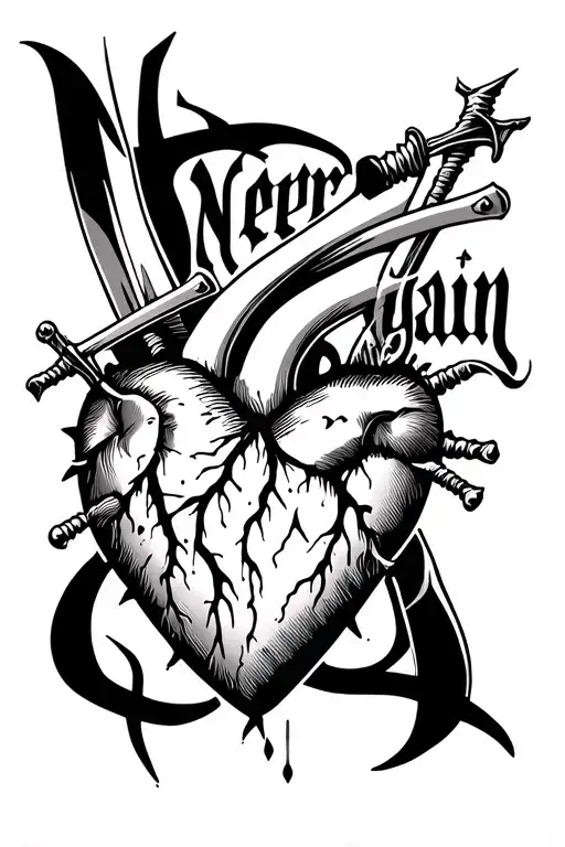 Heart Bruised And Pierced By Swords With Lettering In The Background Marked 'Never Again'