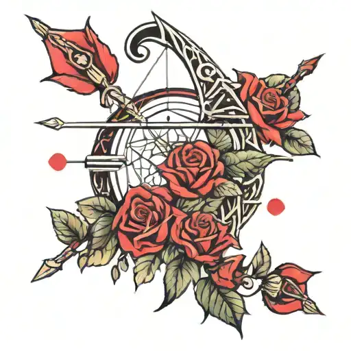 Bow And Arrow With Rubies And Red Roses Intertwined