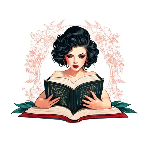 Realistic Pin Up Woman Dark Hair Reading A Book Open In Front
