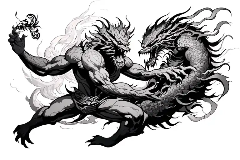 Black And Gray Linework Susanoo Battling Yamata-no-orochi